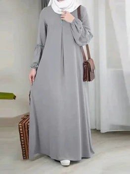 Culoare solidă O-gât Islamic Caftan Casual Sequin Sundress Rochie Musulman Abayas pentru Femei de Moda Maneca Lunga Petrecere Rochii Lungi