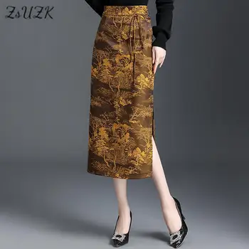 ZUZK Epocă Jacquard Înfășurat Fusta Pentru Femei 2023 Talie Elastic Toamna Noul Stil Chinezesc Satin Slim Fit Split cu Un Pas Fusta