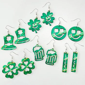 Norocos verde Iarbă Festival Cercei Martie Saint Patrick Tema Verde Pălărie Domn Bere Smilly din Lemn de Imprimare Cercei