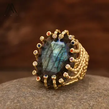 De Lux Inele De Piatră Prețioasă Naturale De Vindecare De Cristal Zircon De Culoare Șirag De Mărgele Inel Statement Bijuterii De Aur